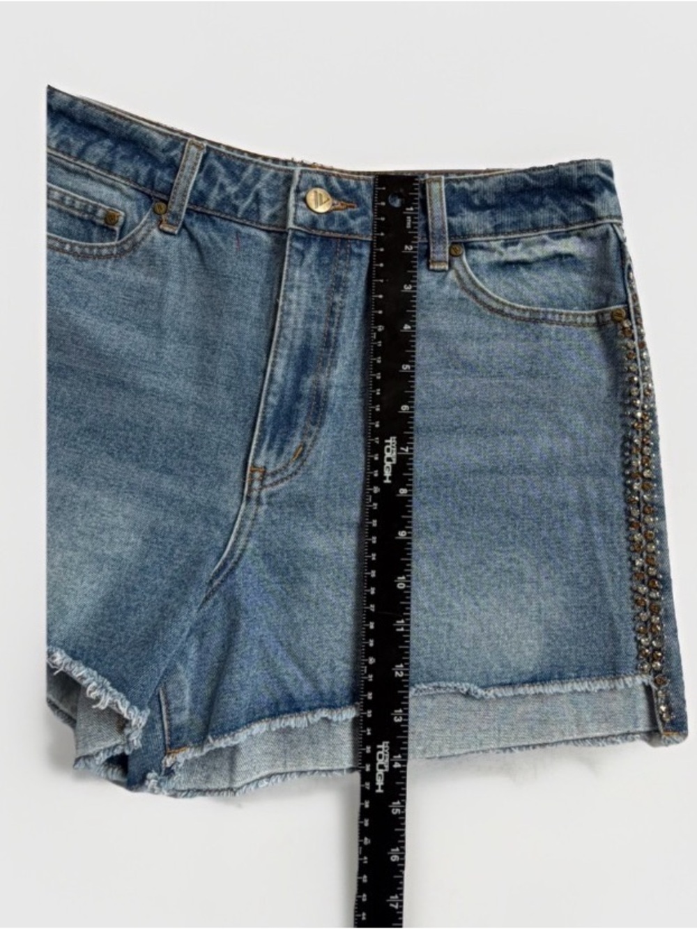 Rhinestone Side Stripe High Rise Distressed Denim Shorts 10 Festival Cowgirl - Picture 6 of 12